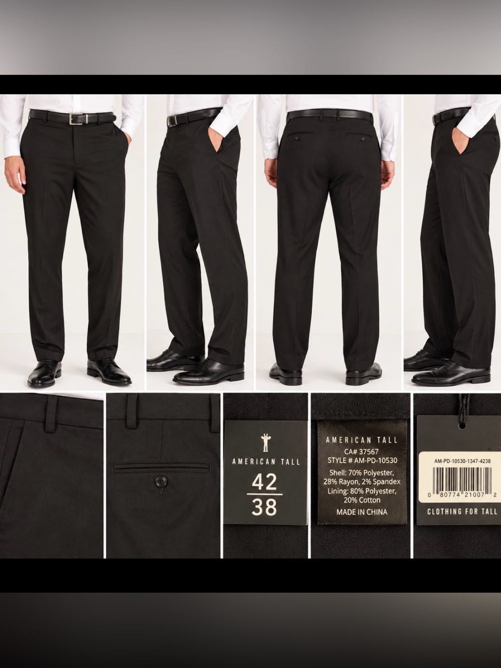 NWT American Tall Men’s Black Dress Pants 42x38 Stretch Flat Front Trousers